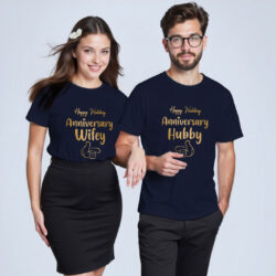 Nblue Cotton Anniversary Hubby Wifey Gold Printed Couple T-shirt