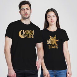 Black Cotton Moon of my Life Gold Printed Couple T-shirt