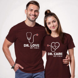 Maroon Cotton Dr Love and Care Couple T-shirt