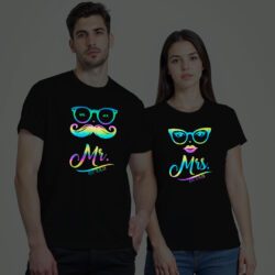 Black Cotton Mr and Mrs Couple Rainbow Reflective T-shirt