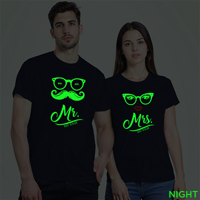 Nblue Cotton Mr and Mrs Couple Glow In The Dark T-shirt
