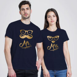 Nblue Cotton Mr and Mrs Gold Printed Couple T-shirt