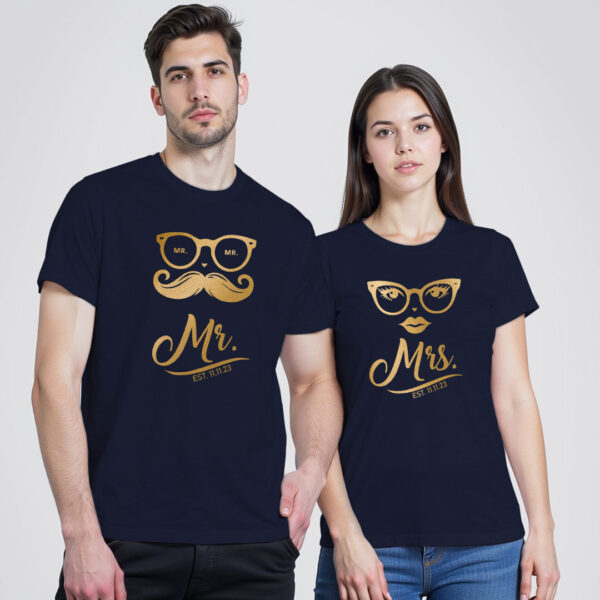 Nblue Cotton Mr and Mrs Gold Printed Couple T-shirt