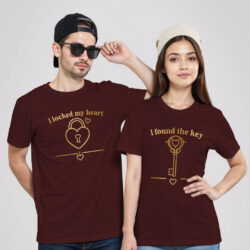Maroon Cotton Matching Gold Printed Couple T-shirt
