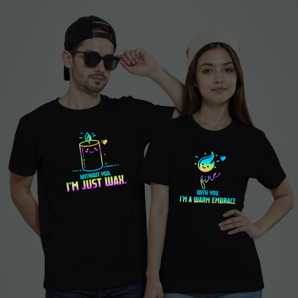 Black Cotton Candle Fire Couple Rainbow Reflective T-shirt