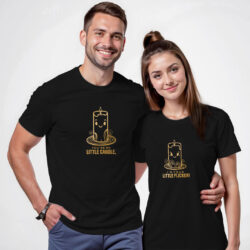 Black Cotton Little Candle Little Flicker Gold Printed Couple T-shirt