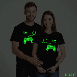 Black Cotton Gaming Couple Glow In The Dark T-shirt