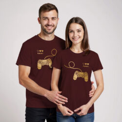 Maroon Cotton Gaming Gold Printed Couple T-shirt