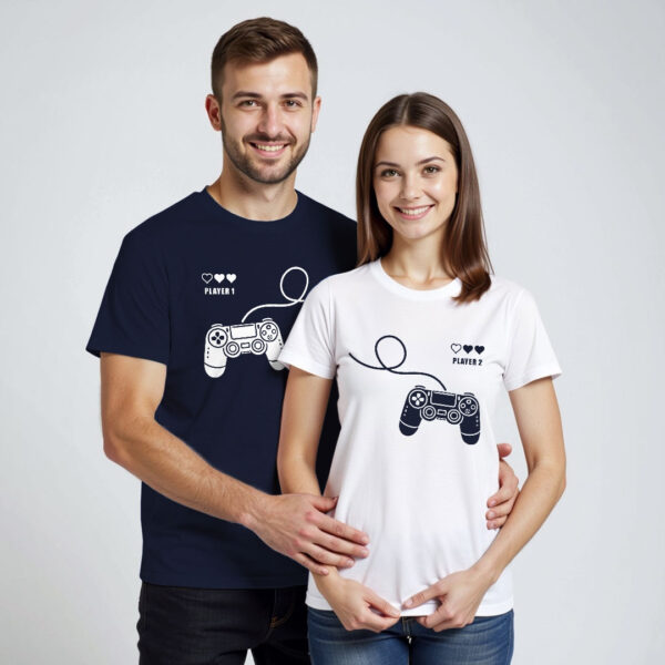 Nblue White Cotton Gaming Couple T-shirt