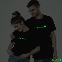 Black Cotton Sun and Moon Couple Glow In The Dark T-shirt