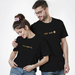 Black Cotton Sun and Moon Gold Printed Couple T-shirt
