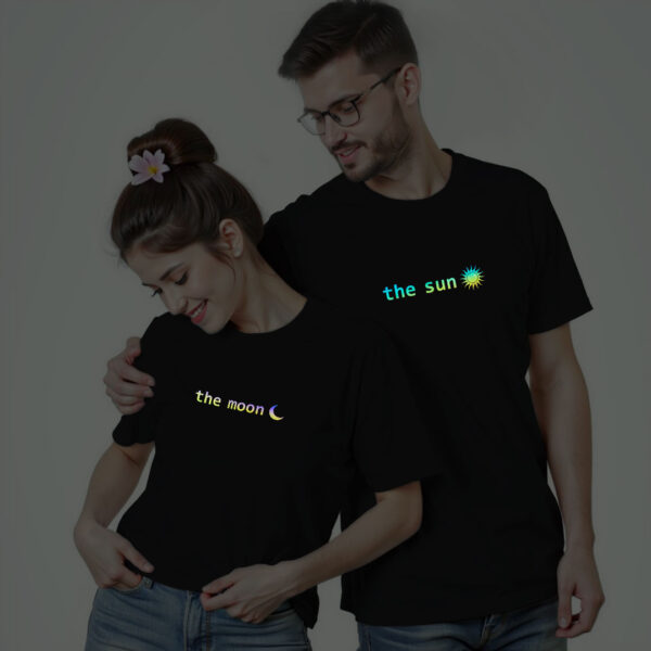 Black Cotton Sun and Moon Couple Rainbow Reflective T-shirt
