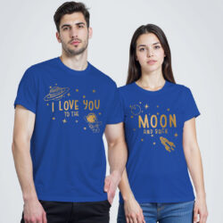 Rblue Cotton Love you to the Moon Gold Printed Couple T-shirt