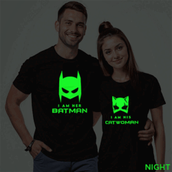 Black Cotton Batman and Catwoman Couple Glow In The Dark T-shirt