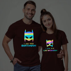 Maroon Cotton Batman and Catwoman Couple Rainbow Reflective T-shirt