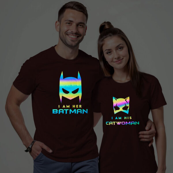Maroon Cotton Batman and Catwoman Couple Rainbow Reflective T-shirt