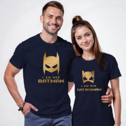 Nblue Cotton Batman and Catwoman Gold Printed Couple T-shirt
