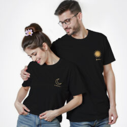 Black Cotton Sun and Moon Gold Printed Couple T-shirt