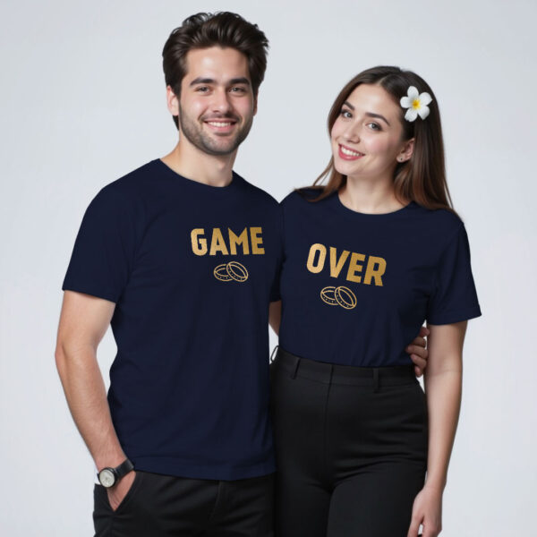 Nblue Cotton Game Over Gold Printed Couple T-shirt