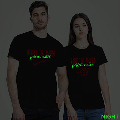 Black Cotton She's my Perfect Match Couple Glow In The Dark T-shirt