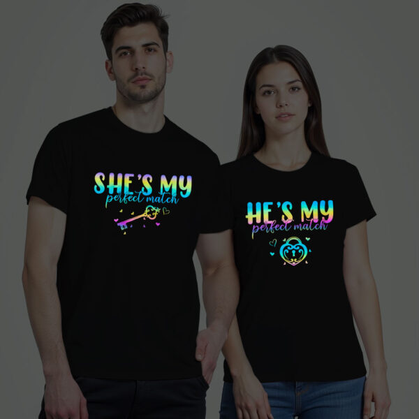 Black Cotton She's my Perfect Match Couple Rainbow Reflective T-shirt