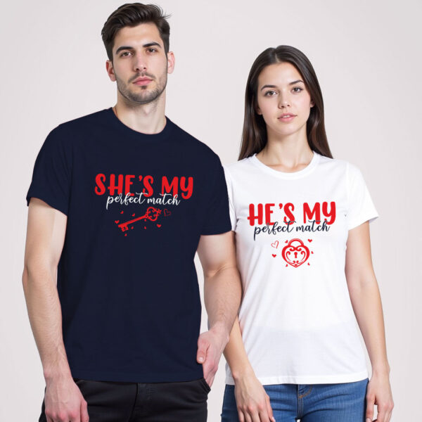 Nblue White Cotton She's my Perfect Match Couple T-shirt
