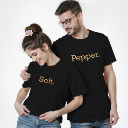 Black Cotton Salt and Pepper Gold Printed Couple T-shirt