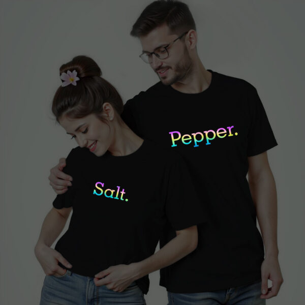 Black Cotton Salt and Pepper Couple Rainbow Reflective T-shirt
