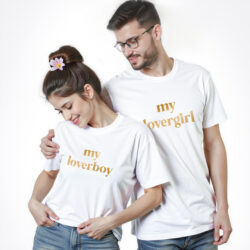 White Cotton Lover Girl and Lover Boy Gold Printed Couple T-shirt