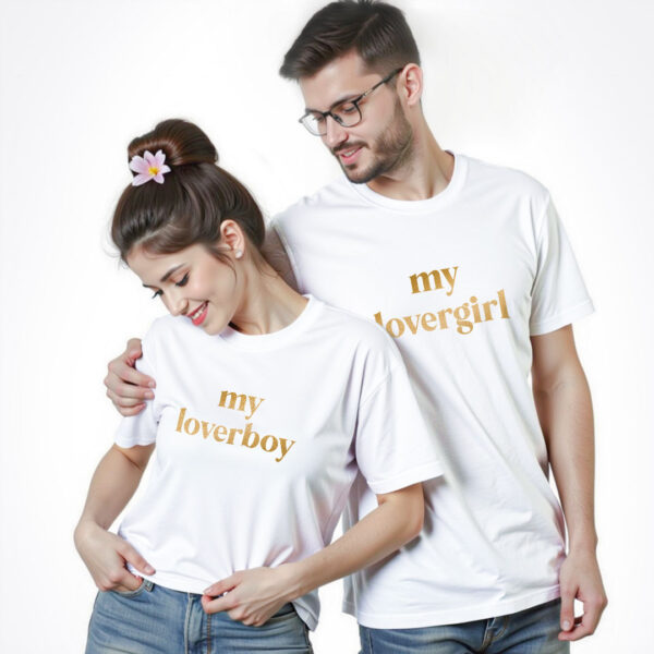 White Cotton Lover Girl and Lover Boy Gold Printed Couple T-shirt