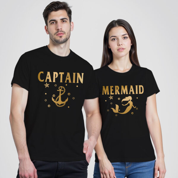 Black Cotton Captain and Mermaid Gold Printed Couple T-shirt