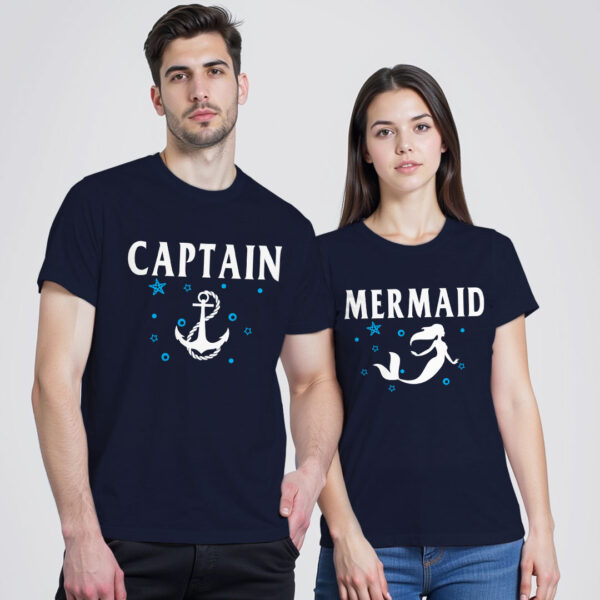 Nblue Cotton Captain and Mermaid Couple T-shirt