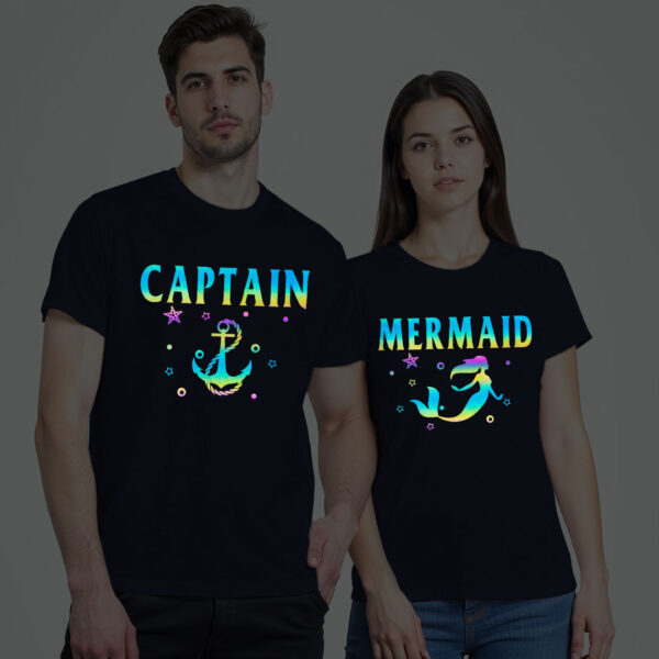 Nblue Cotton Captain and Mermaid Couple Rainbow Reflective T-shirt