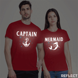Red Cotton Captain and Mermaid Reflective Couple T-shirt