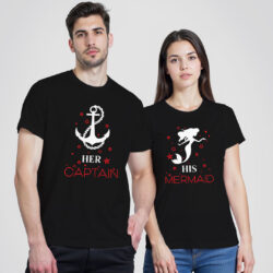 Black Cotton Her Captain and His Mermaid Couple T-shirt