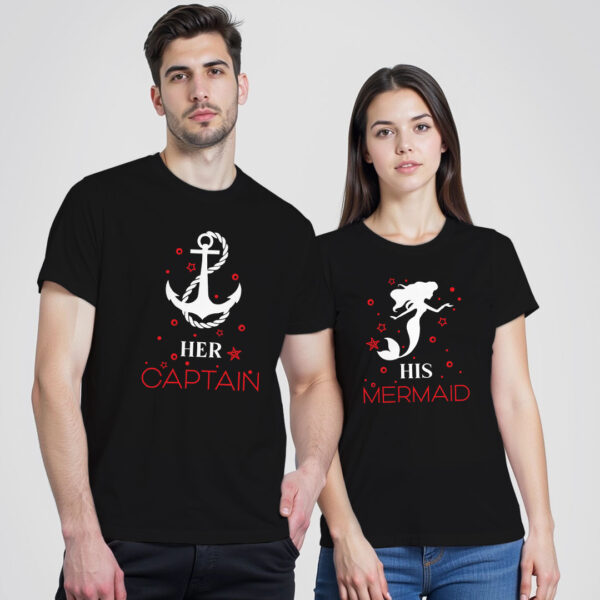 Black Cotton Her Captain and His Mermaid Couple T-shirt