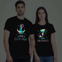 Black Cotton Her Captain and His Mermaid Couple Rainbow Reflective T-shirt