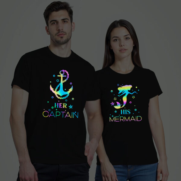 Black Cotton Her Captain and His Mermaid Couple Rainbow Reflective T-shirt
