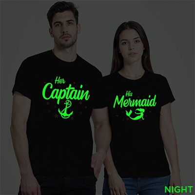 Black Cotton Her Captain and His Mermaid Couple Glow In The Dark T-shirt