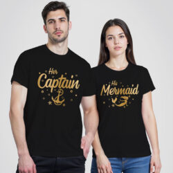 Black Cotton Her Captain and His Mermaid Gold Printed Couple T-shirt