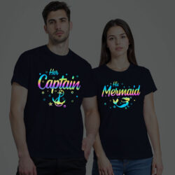 Nblue Cotton Her Captain and His Mermaid Couple Rainbow Reflective T-shirt