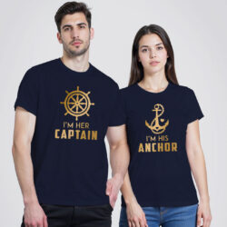 Nblue Cotton His Anchor and Her Captain Gold Printed Couple T-shirt