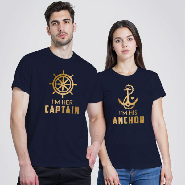 Nblue Cotton His Anchor and Her Captain Gold Printed Couple T-shirt
