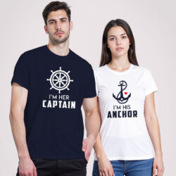 Nblue White Cotton His Anchor and Her Captain Couple T-shirt