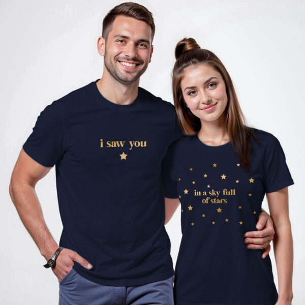Nblue Cotton I Saw you In Sky full of Stars Gold Printed Couple T-shirt