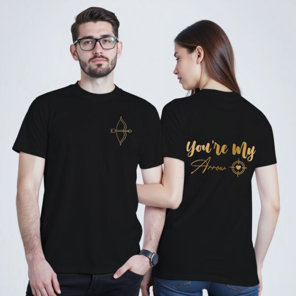 Black Cotton Bow and Arrow Gold Printed Couple T-shirt