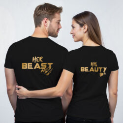 Black Cotton Beast and Beauty Gold Printed Couple T-shirt