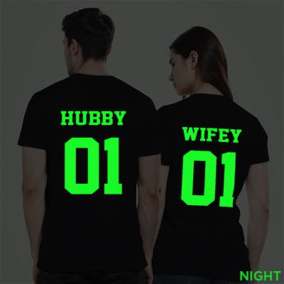 Black Cotton Hubby Wifey Couple Glow In The Dark T-shirt