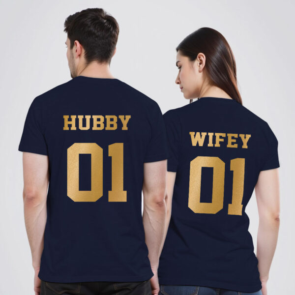 Nblue Cotton Hubby Wifey Gold Printed Couple T-shirt