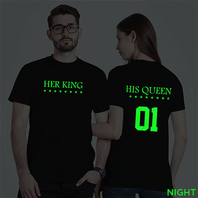 Black Cotton Her King His Queen Couple Glow In The Dark T-shirt